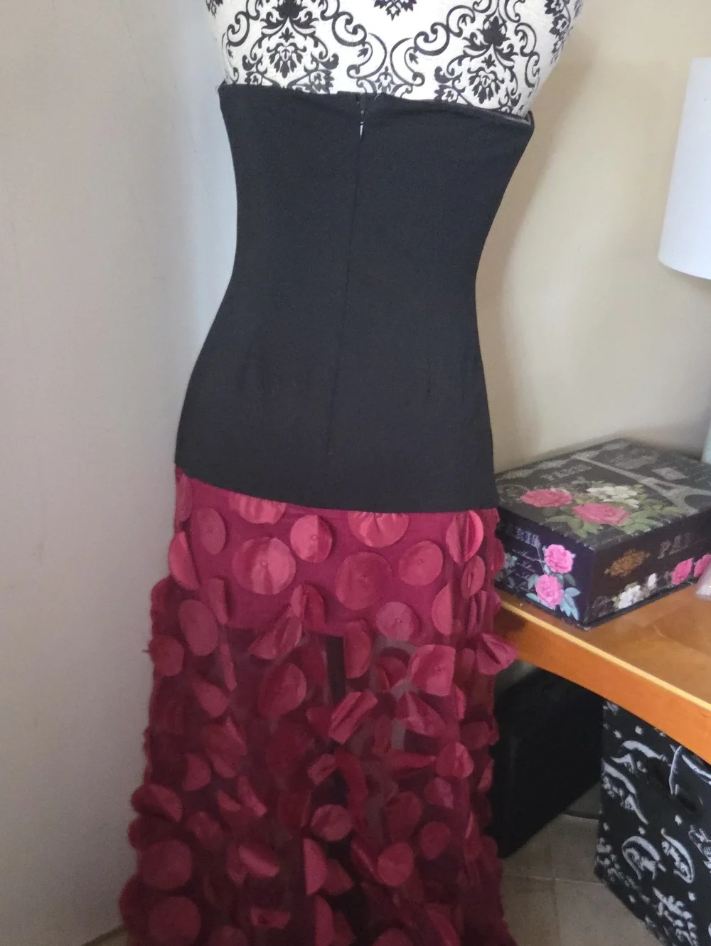 Women's Burgundy Petal-Detail Maxi Strapless Maxi Dress